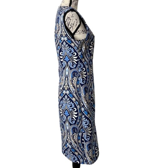 J. McLaughlin Sleeveless Scuba Dress Blue White Paisley Sheath Womens Size M - Picture 4 of 8